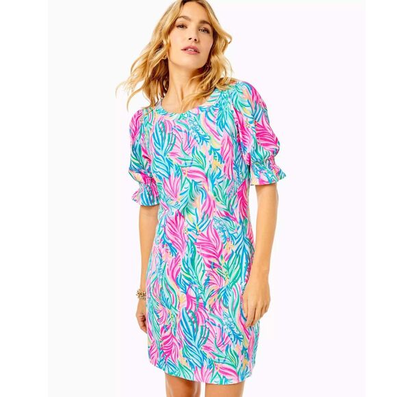 Lilly Pulitzer Adley Short Sleeve Mini Dress Smocked Printed Resort M NEW 282423 - Picture 1 of 9
